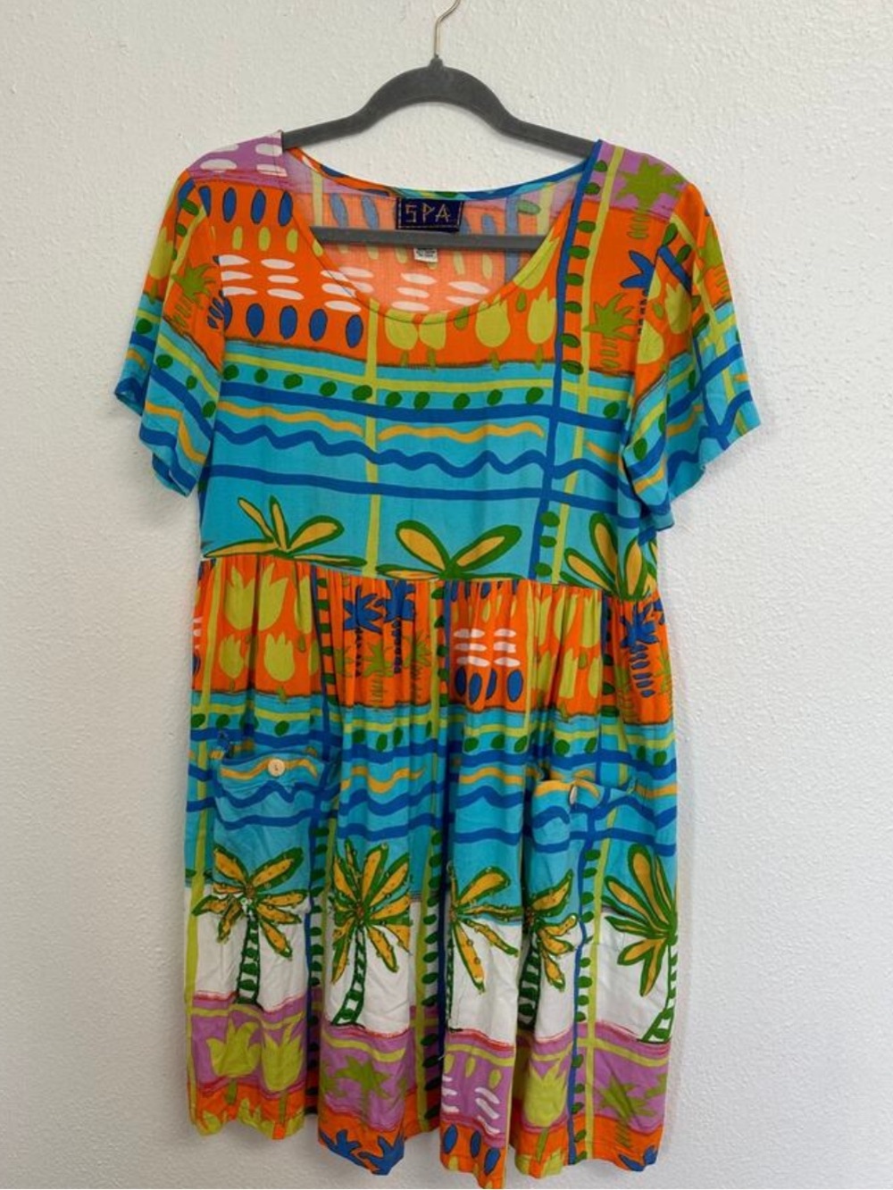 SPA Vintage Short Sleeve Babydoll Tropical Print Beach Dress Colorful Rayon XS